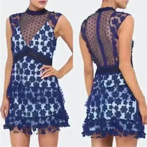 SELF PORTRAIT Womens Flower Lace Navy / Blue overlay dress Sz 8 EUC